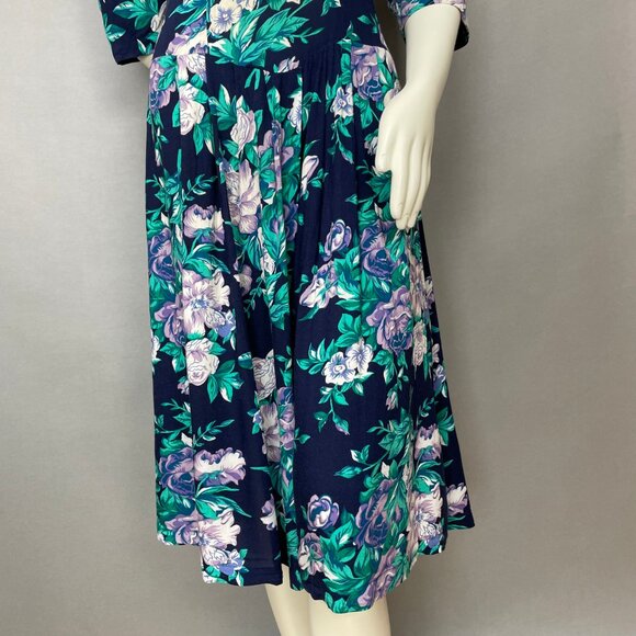 Vintage 90s Dress Floral Navy Blue Basque Waist Momcore Midi Rayon High Neck - Picture 3 of 16